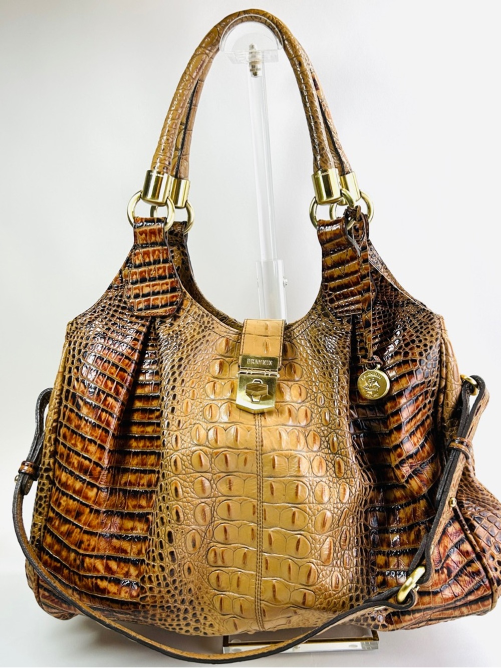 Brahmin Elisa Large Satchel Pecan Melbourne Croc Embossed Leather Tan/Brown A44